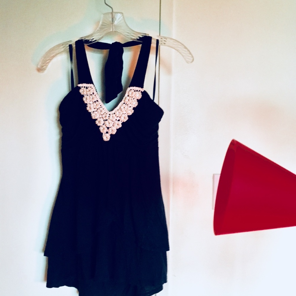 Elegant Navy Blue Halter Top with Pearl Beading
